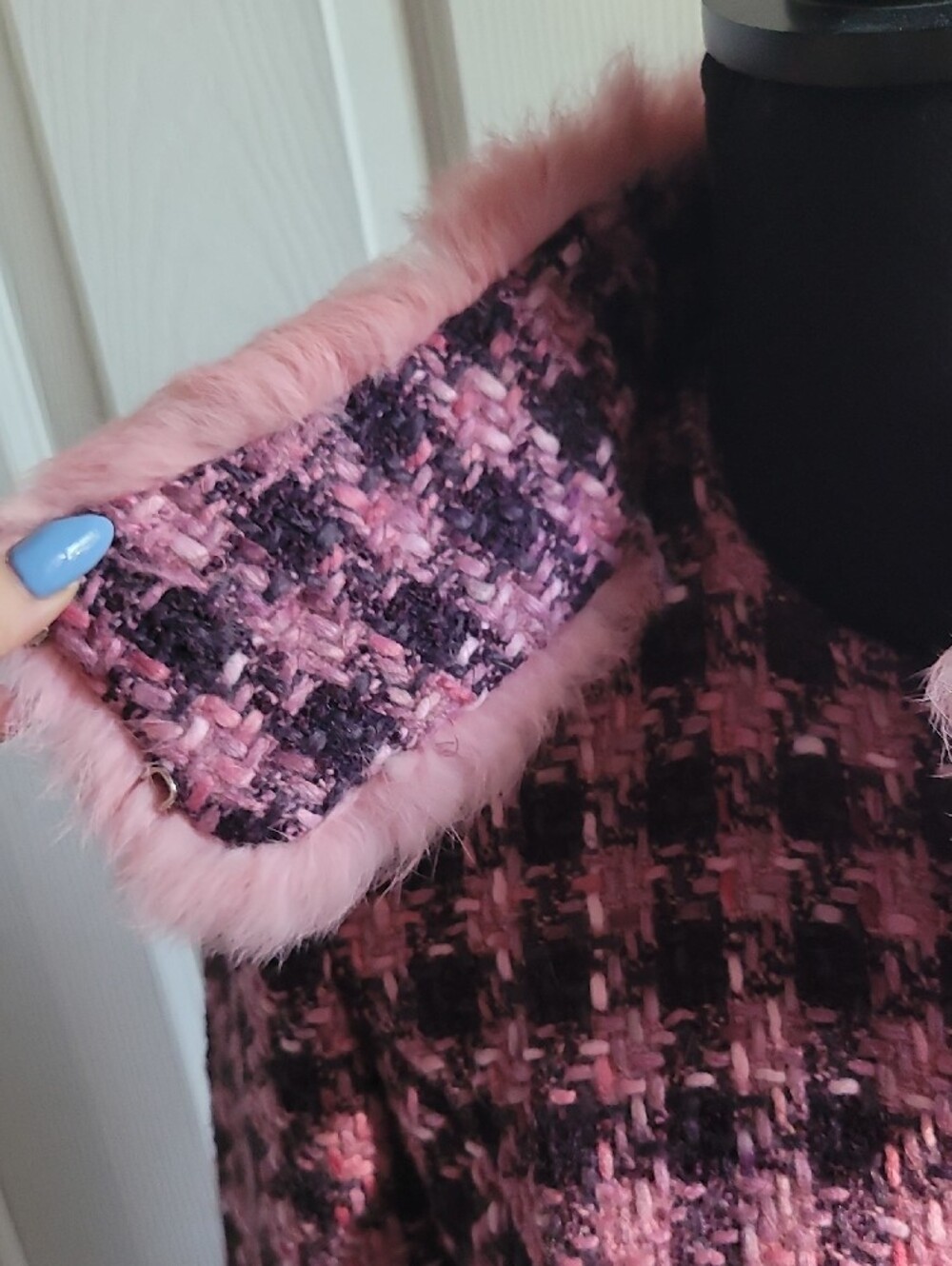 Guess Pink and PURPLE Houndstooth RABBIT Fur Trim Pea Coat SIZE M 45% WOOL - Picture 13 of 15